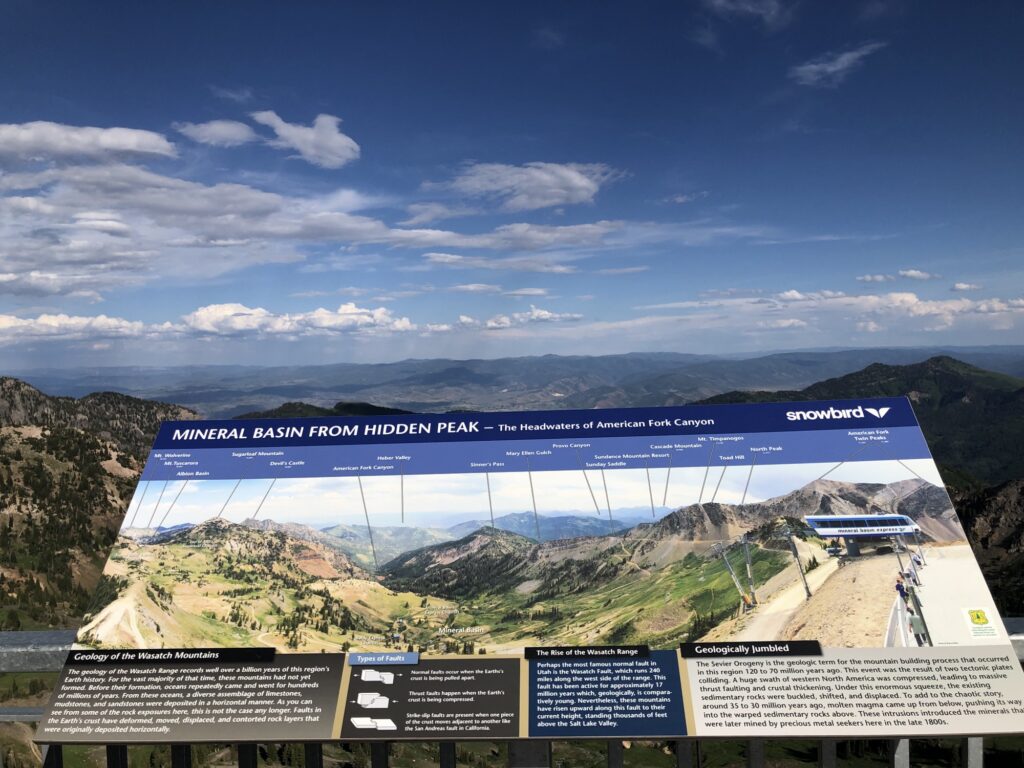 Mineral Basin and the Wasatch Mountains seen from Hidden Peak at Snowbird, Utah