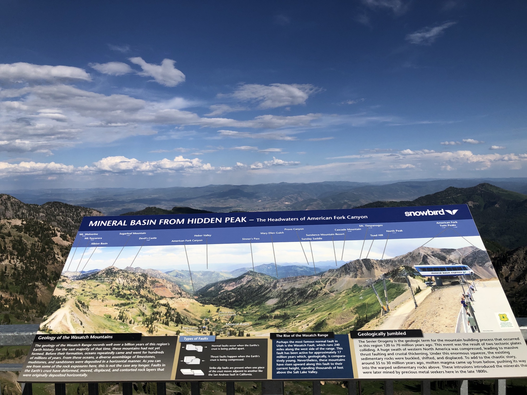 Mineral Basin and the Wasatch Mountains seen from Hidden Peak at Snowbird, Utah